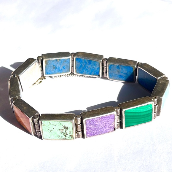 Vintage Taxco Sterling Silver Multiple Gemstone Rect. Panel Bracelet Reversible - Picture 11 of 17